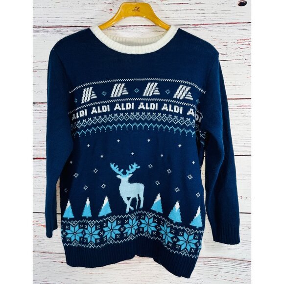 ALDI Gear Ugly Christmas Sweater Navy Blue Reindeer & Snowflake Design Large Acr - Picture 5 of 6